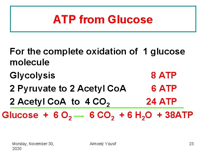 ATP from Glucose For the complete oxidation of 1 glucose molecule Glycolysis 8 ATP