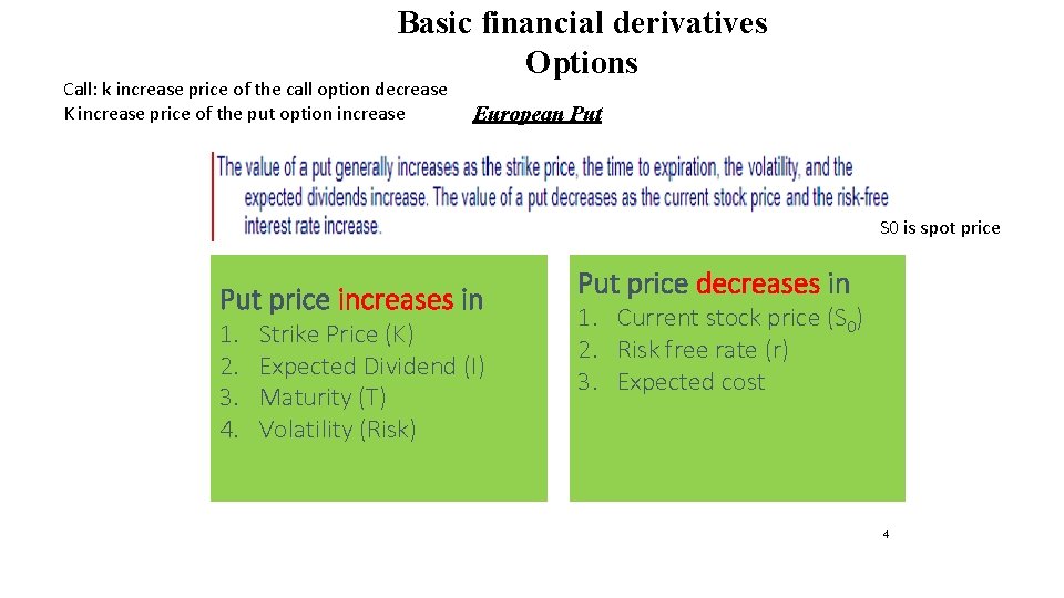 Basic financial derivatives Options Call: k increase price of the call option decrease K