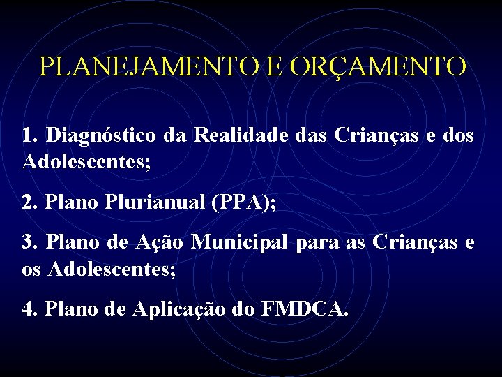 PLANEJAMENTO E ORÇAMENTO 1. Diagnóstico da Realidade das Crianças e dos Adolescentes; 2. Plano