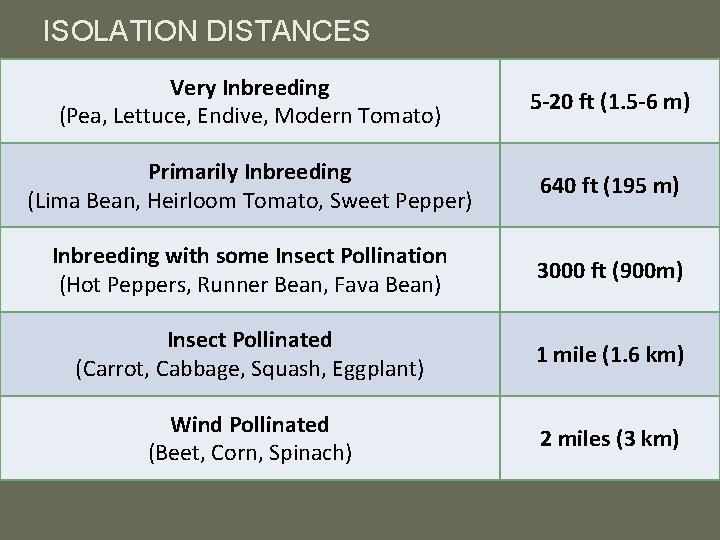 ISOLATION DISTANCES Very Inbreeding (Pea, Lettuce, Endive, Modern Tomato) 5 -20 ft (1. 5