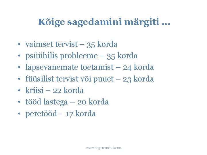 Kõige sagedamini märgiti. . . • • vaimset tervist – 35 korda psüühilis probleeme