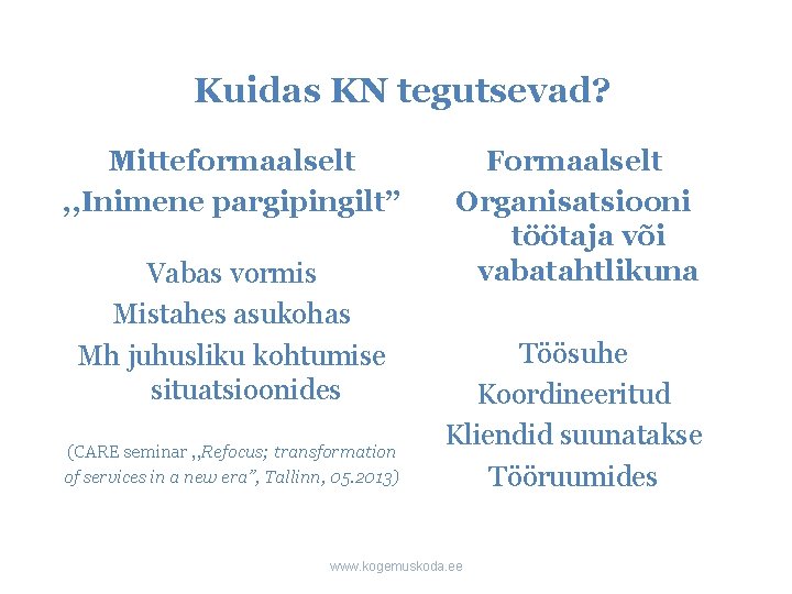 Kuidas KN tegutsevad? Mitteformaalselt , , Inimene pargipingilt’’ Vabas vormis Mistahes asukohas Mh juhusliku