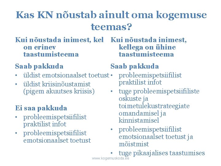 Kas KN nõustab ainult oma kogemuse teemas? Kui nõustada inimest, kellega on ühine on