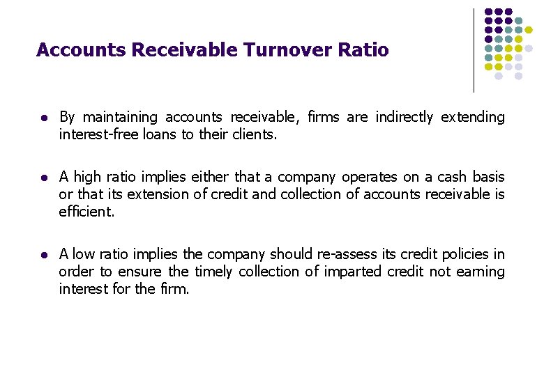 Accounts Receivable Turnover Ratio l By maintaining accounts receivable, firms are indirectly extending interest-free Accounts Receivable Turnover Ratio l By maintaining accounts receivable, firms are indirectly extending interest-free