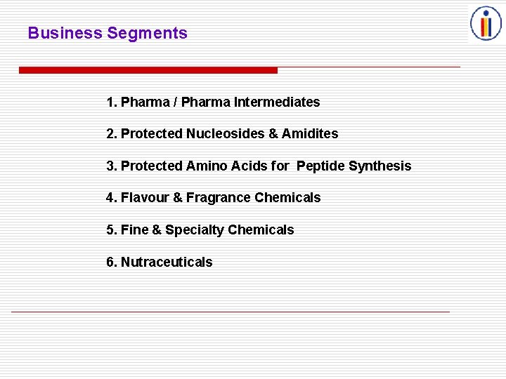  Business Segments 1. Pharma / Pharma Intermediates 2. Protected Nucleosides & Amidites 3.