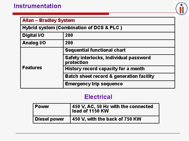 Instrumentation Allan – Bradley System Hybrid system (Combination of DCS & PLC ) Digital
