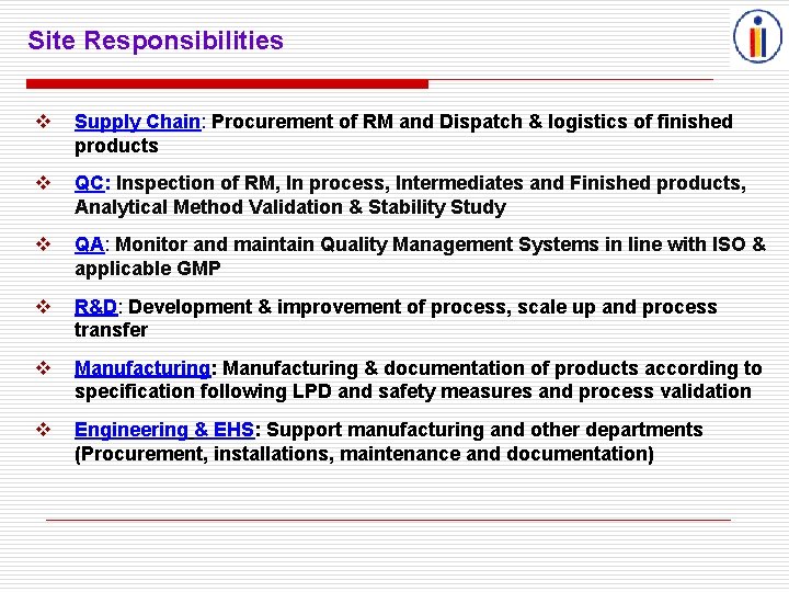 Site Responsibilities Supply Chain: Procurement of RM and Dispatch & logistics of finished products