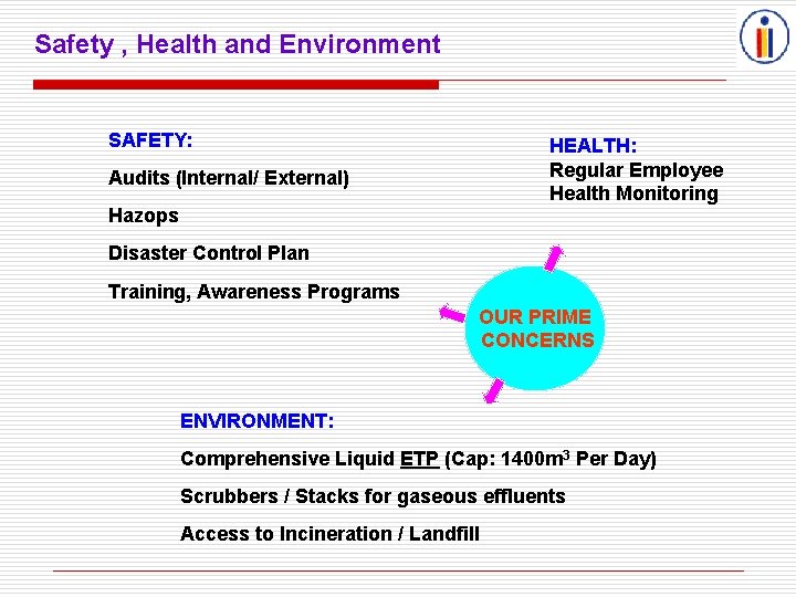 Safety , Health and Environment SAFETY: HEALTH: Regular Employee Health Monitoring Audits (Internal/ External)