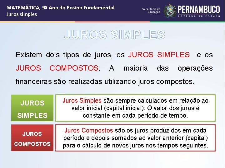 MATEMÁTICA, 9º Ano do Ensino Fundamental Juros simples JUROS SIMPLES Existem dois tipos de