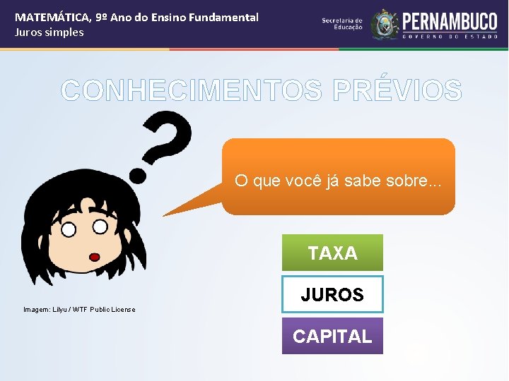 MATEMÁTICA, 9º Ano do Ensino Fundamental Juros simples CONHECIMENTOS PRÉVIOS O que você já
