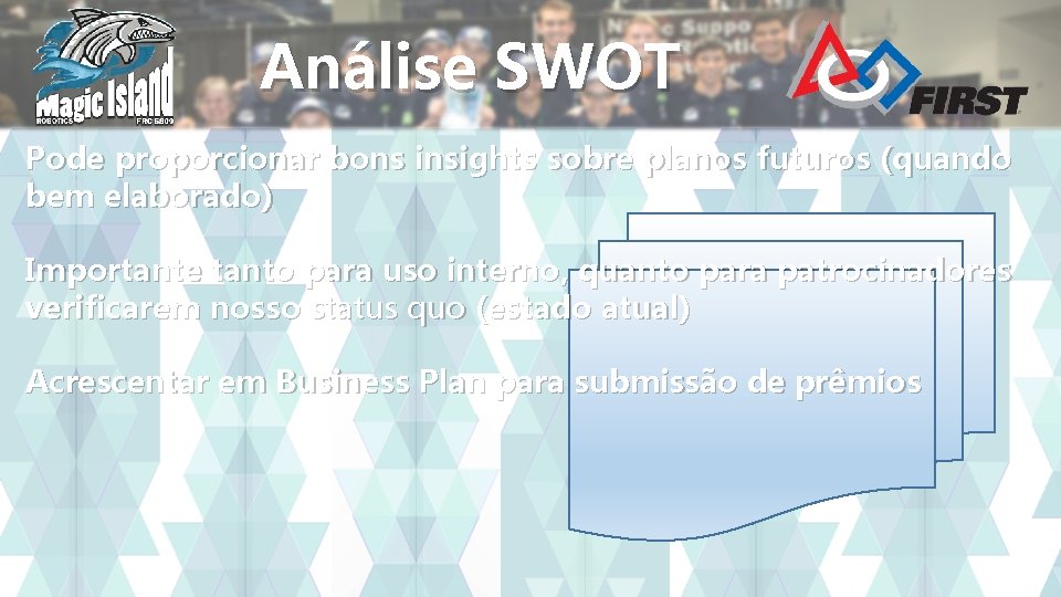 Análise SWOT Pode proporcionar bons insights sobre planos futuros (quando bem elaborado) Importante tanto