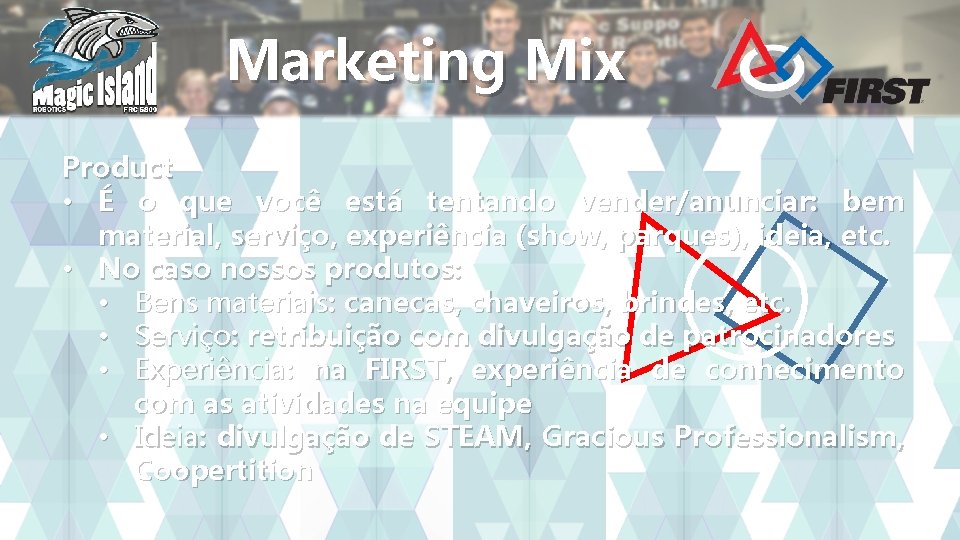 Marketing Mix Product • É o que você está tentando vender/anunciar: bem material, serviço,