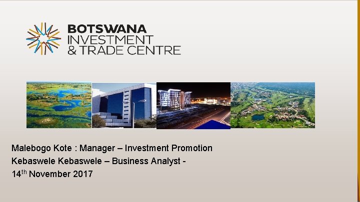 Malebogo Kote : Manager – Investment Promotion Kebaswele – Business Analyst 14 th November