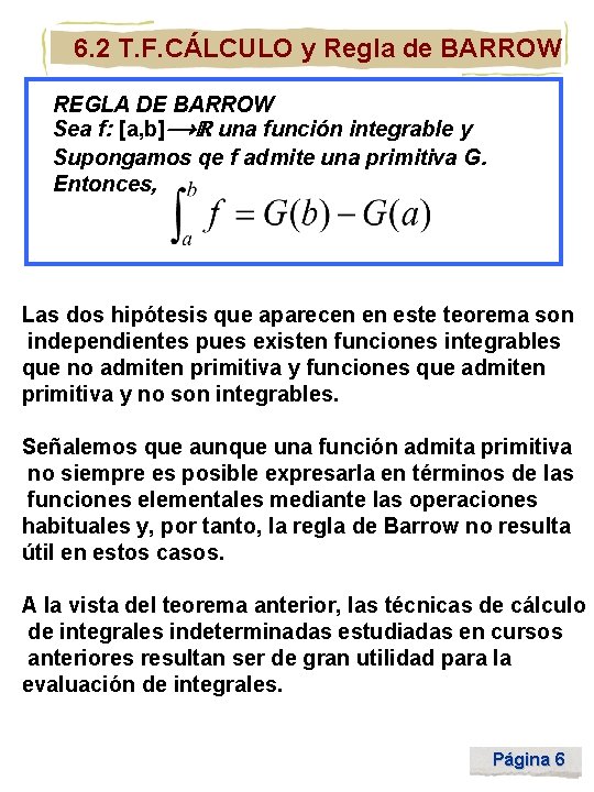 6. 2 T. F. CÁLCULO y Regla de BARROW REGLA DE BARROW Sea f: