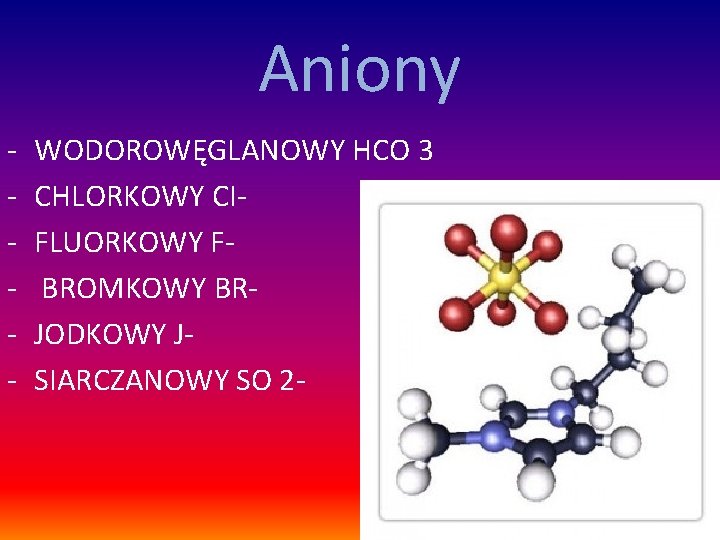 Aniony - WODOROWĘGLANOWY HCO 3 CHLORKOWY CIFLUORKOWY F BROMKOWY BRJODKOWY JSIARCZANOWY SO 2 -