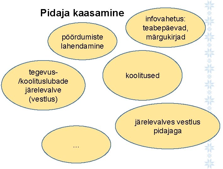 Pidaja kaasamine pöördumiste lahendamine tegevus/koolituslubade järelevalve (vestlus) infovahetus: teabepäevad, märgukirjad koolitused järelevalves vestlus pidajaga