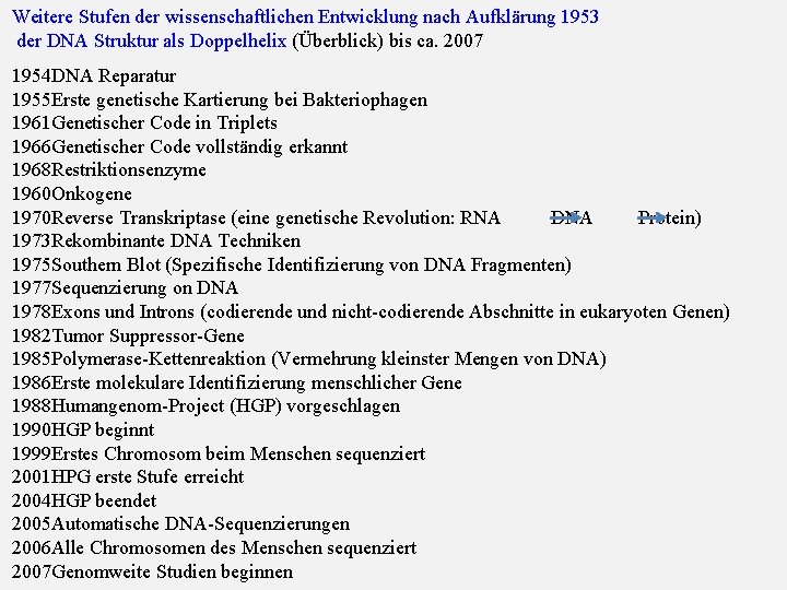 Weitere Stufen der wissenschaftlichen Entwicklung nach Aufklärung 1953 der DNA Struktur als Doppelhelix (Überblick)