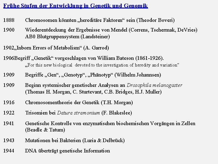 Frühe Stufen der Entwicklung in Genetik und Genomik 1888 Chromosomen könnten „hereditäre Faktoren“ sein