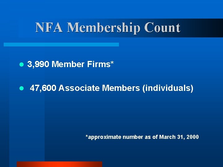 NFA Membership Count l l 3, 990 Member Firms* 47, 600 Associate Members (individuals) NFA Membership Count l l 3, 990 Member Firms* 47, 600 Associate Members (individuals)