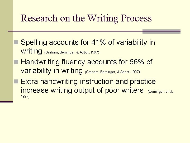 Research on the Writing Process n Spelling accounts for 41% of variability in writing