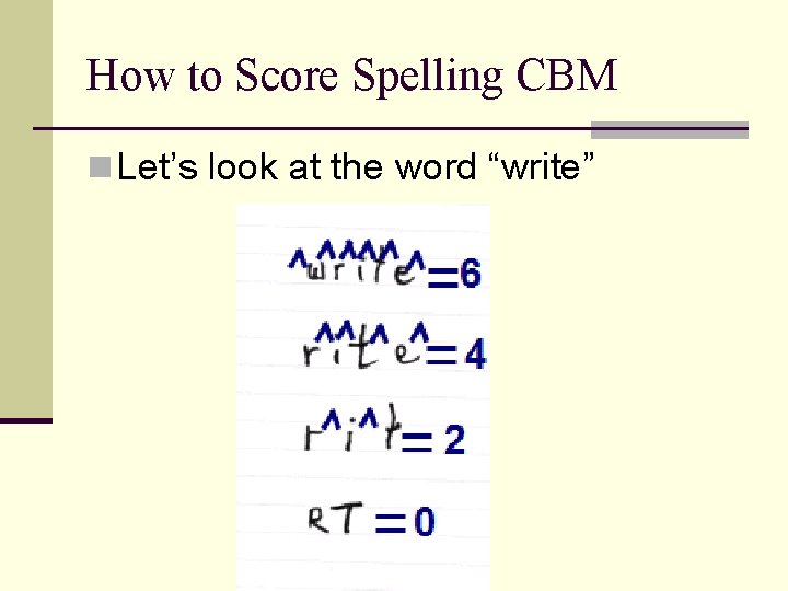 How to Score Spelling CBM n Let’s look at the word “write” 