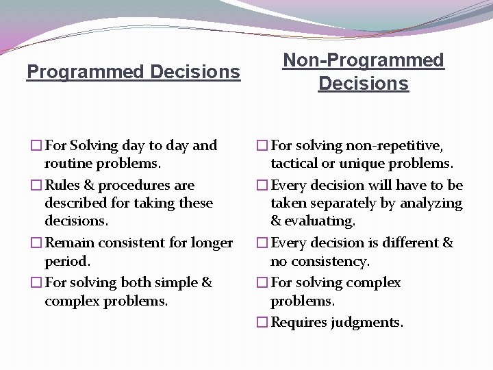 Programmed Decisions �For Solving day to day and routine problems. �Rules & procedures are