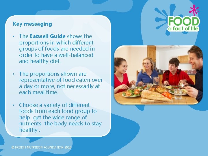 Key messaging • The Eatwell Guide shows the proportions in which different groups of