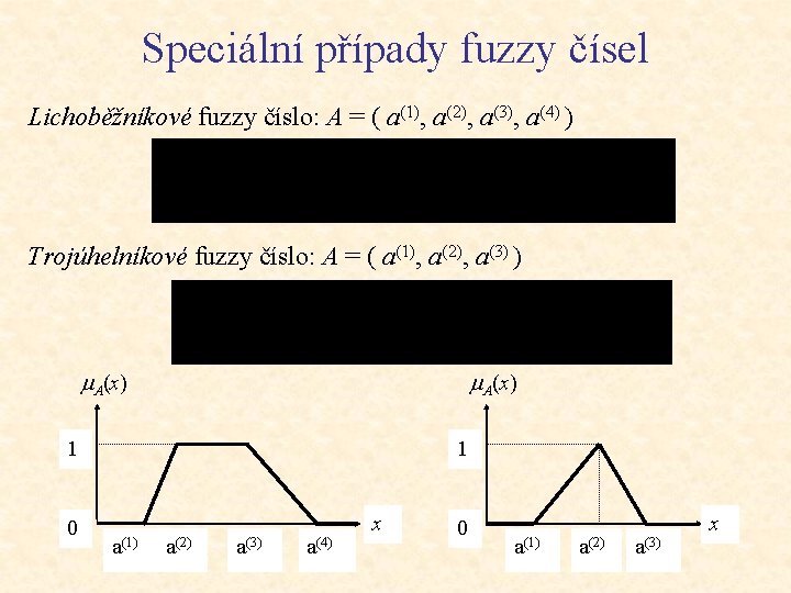 Speciální případy fuzzy čísel Lichoběžníkové fuzzy číslo: A = ( a(1), a(2), a(3), a(4)