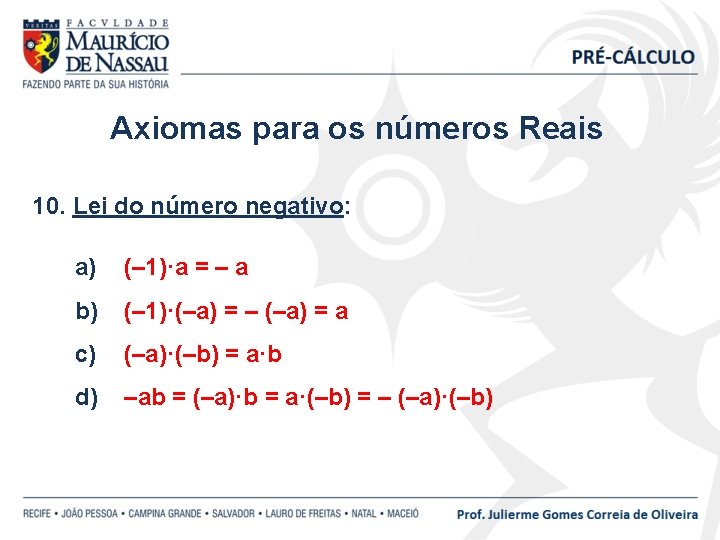 Axiomas para os números Reais 10. Lei do número negativo: a) (– 1)·a =