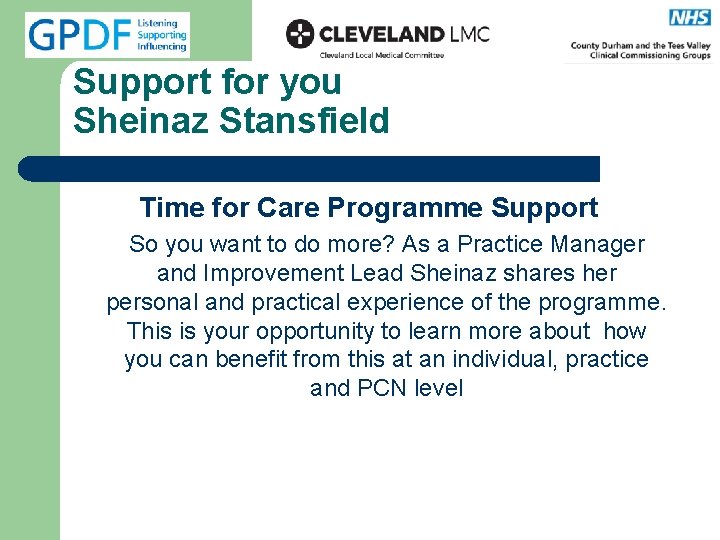 Support for you Sheinaz Stansfield Time for Care Programme Support So you want to