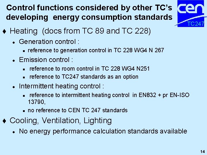 Control functions considered by other TC’s developing energy consumption standards t Heating (docs from Control functions considered by other TC’s developing energy consumption standards t Heating (docs from
