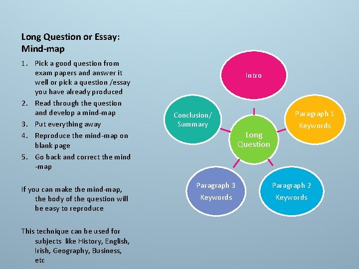 Long Question or Essay: Mind-map 1. Pick a good question from exam papers and