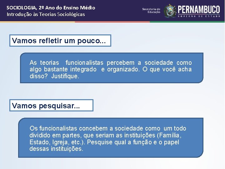 SOCIOLOGIA, 2º Ano do Ensino Médio Introdução às Teorias Sociológicas Vamos refletir um pouco.