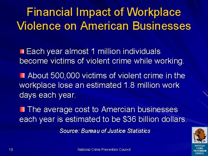 Financial Impact of Workplace Violence on American Businesses Each year almost 1 million individuals