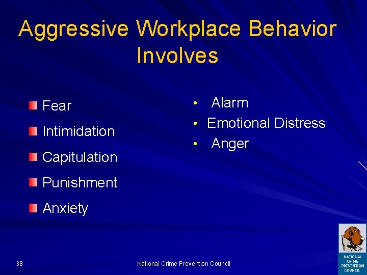 Aggressive Workplace Behavior Involves Fear Intimidation Capitulation • Alarm • Emotional Distress • Anger