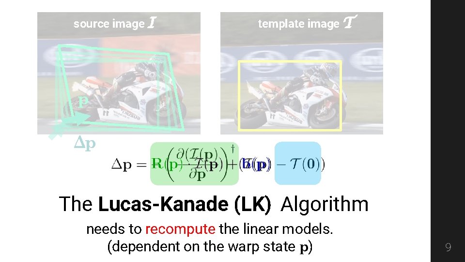 source image I template image T p Δp The Lucas-Kanade (LK) Algorithm needs to