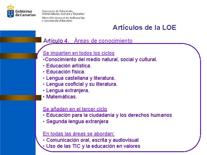 Artículos de la LOE Artículo 4. Áreas de conocimiento Se imparten en todos los