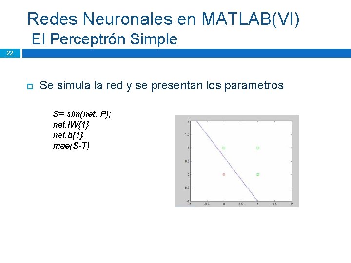 Redes Neuronales en MATLAB(VI) El Perceptrón Simple 22 Se simula la red y se