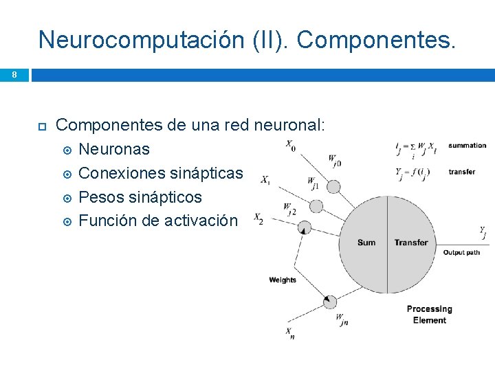 Neurocomputación (II). Componentes. 8 Componentes de una red neuronal: Neuronas Conexiones sinápticas Pesos sinápticos