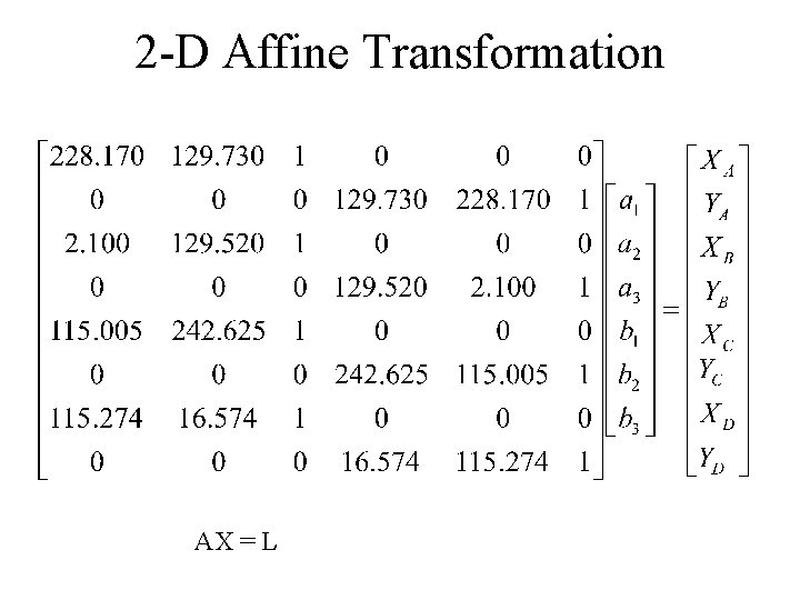 2 -D Affine Transformation AX = L 