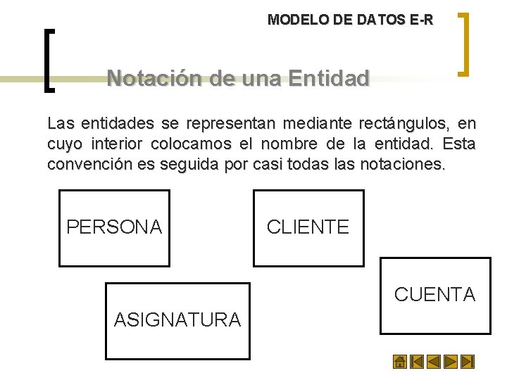 MODELO DE DATOS E-R Notación de una Entidad Las entidades se representan mediante rectángulos,