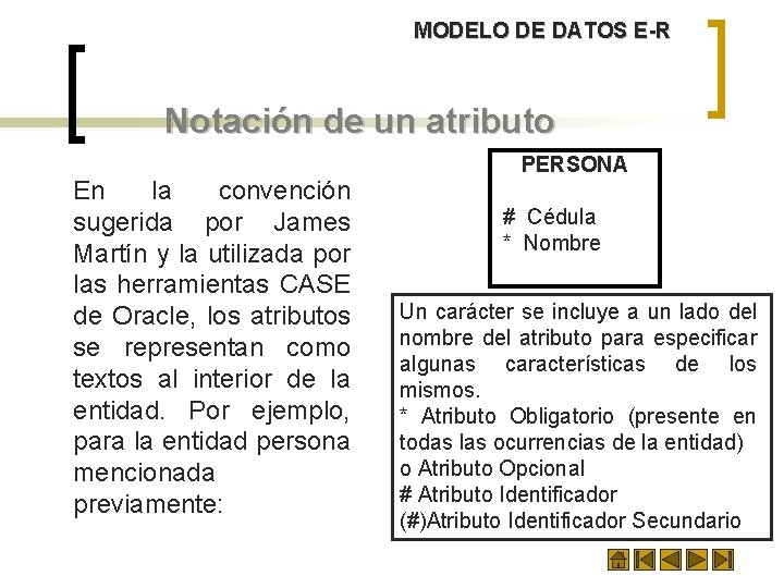 MODELO DE DATOS E-R Notación de un atributo En la convención sugerida por James