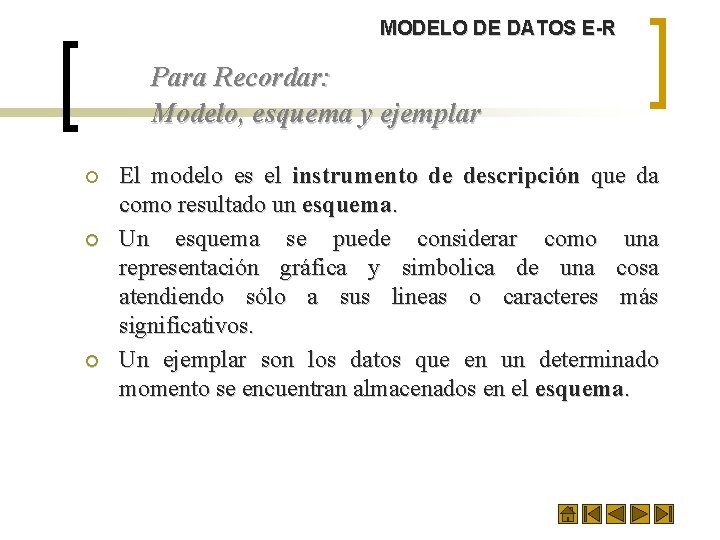 MODELO DE DATOS E-R Para Recordar: Modelo, esquema y ejemplar ¡ ¡ ¡ El