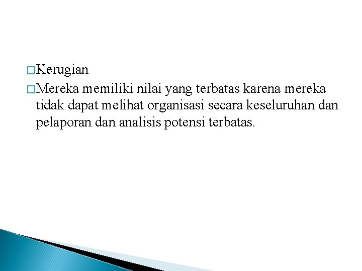 �Kerugian �Mereka memiliki nilai yang terbatas karena mereka tidak dapat melihat organisasi secara keseluruhan