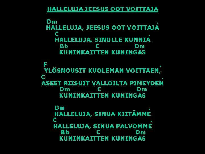 HALLELUJA JEESUS OOT VOITTAJA Dm. HALLELUJA, JEESUS OOT VOITTAJA C. HALLELUJA, SINULLE KUNNIA Bb