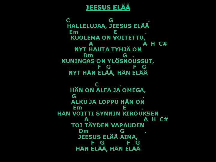 JEESUS ELÄÄ C G. HALLELUJAA, JEESUS ELÄÄ Em E. KUOLEMA ON VOITETTU, A A