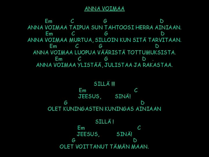 ANNA VOIMAA Em C G D ANNA VOIMAA TAIPUA SUN TAHTOOSI HERRA AINIAAN. Em