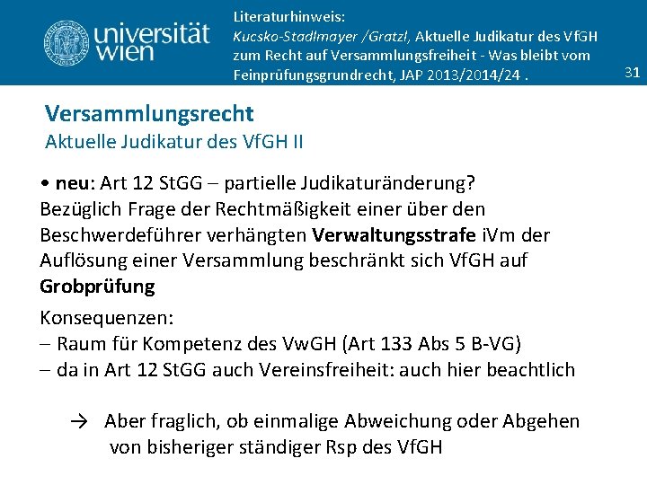 Literaturhinweis: Kucsko-Stadlmayer /Gratzl, Aktuelle Judikatur des Vf. GH zum Recht auf Versammlungsfreiheit - Was