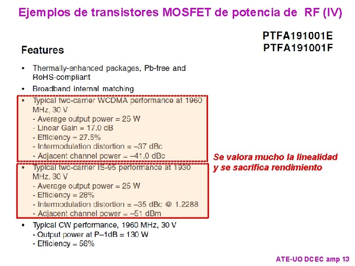 Ejemplos de transistores MOSFET de potencia de RF (IV) Se valora mucho la linealidad