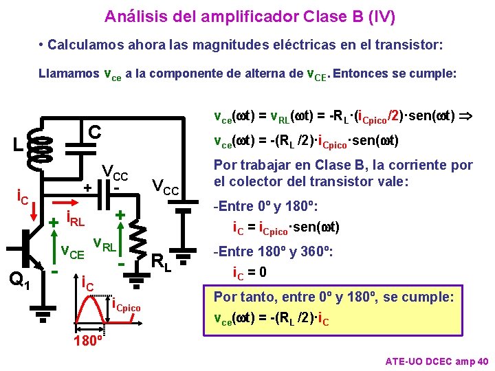 Análisis del amplificador Clase B (IV) • Calculamos ahora las magnitudes eléctricas en el